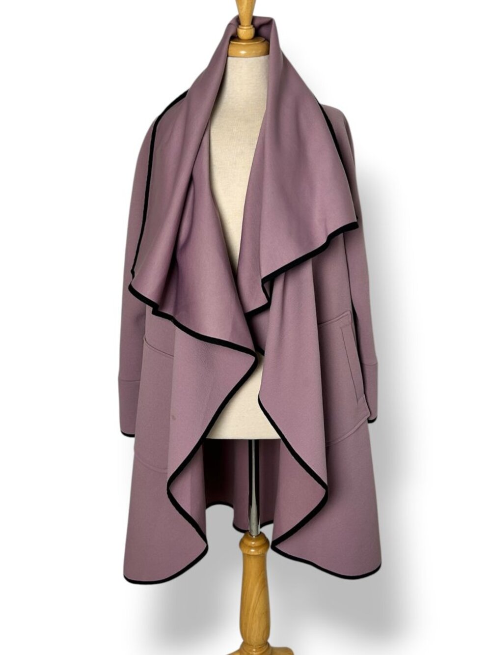 Samuel Dong Dusty Mauve Black Piping Draped Wrap Coat Belted Coat Pockets Sz M